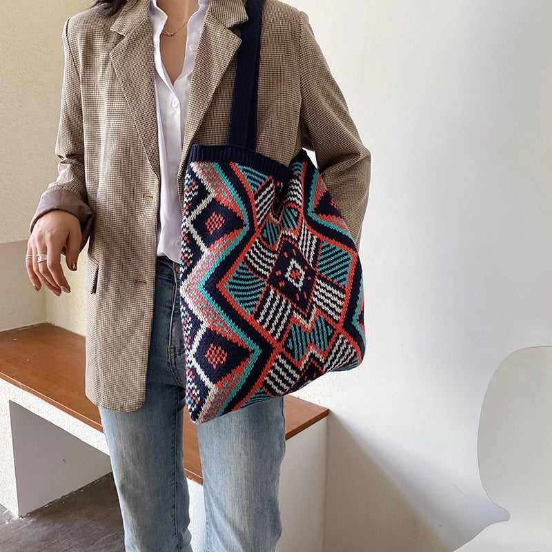 Women's Ethnic Style Color Block Knit Shopping Bags