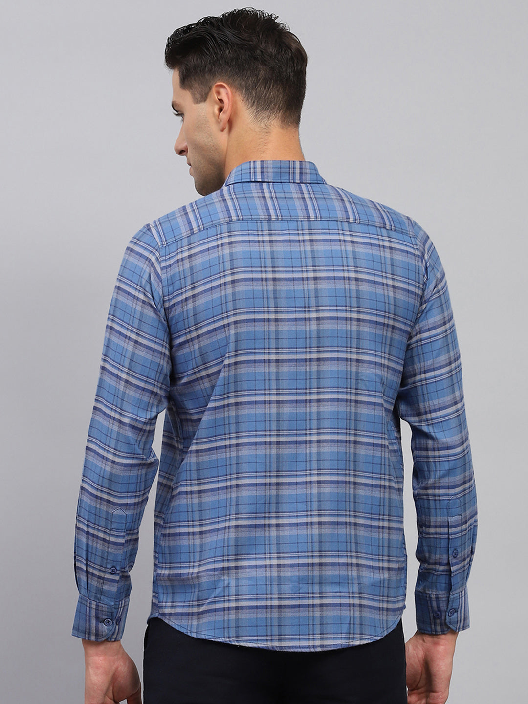 Men Blue Check Spread Collar Full Sleeve Shirt