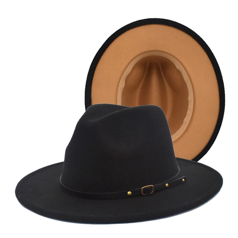 New Women's Woolen Top Hat Fashion Red And Black Color-matching Hat Women's Flat-brimmed Jazz Hat