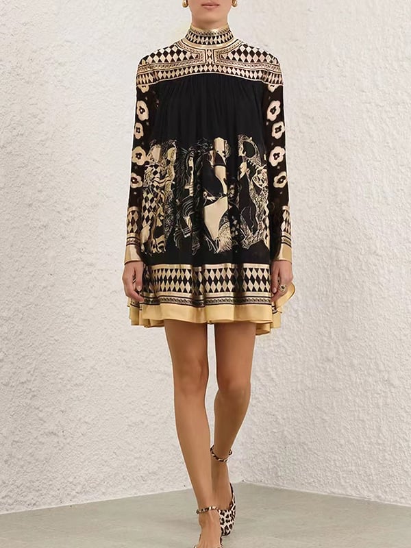 A-Line Long Sleeves Bronzing Printed Split-Joint Mock Neck Mini Dresses