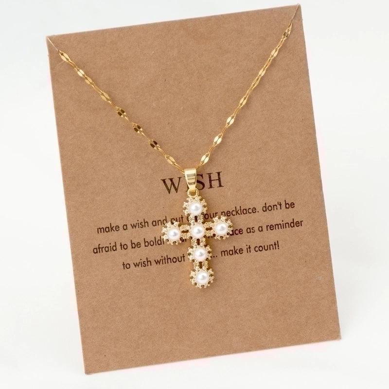 Stainless Steel 18K Gold Plated Vintage Style Plating Inlay Geometric Cross Rhinestones Pearl Zircon Pendant Necklace