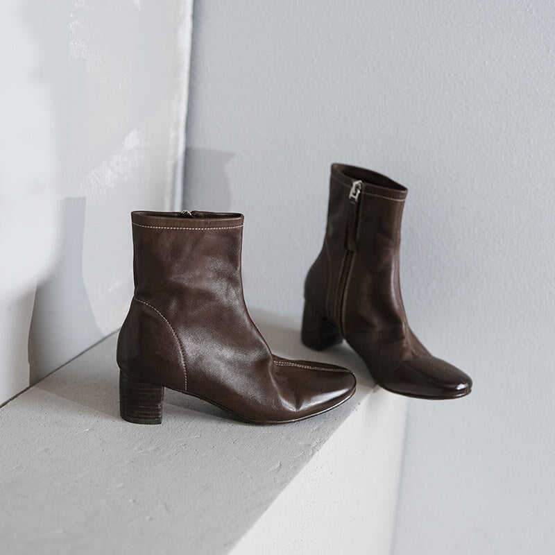 Horse Leather Western Boots Short Boots Side Zip For Women In Black/Brown/Apricot