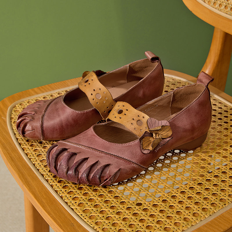 Vintage Color Block Cowhide Mary Jane Flats with Flower Strap in Grey/Purple