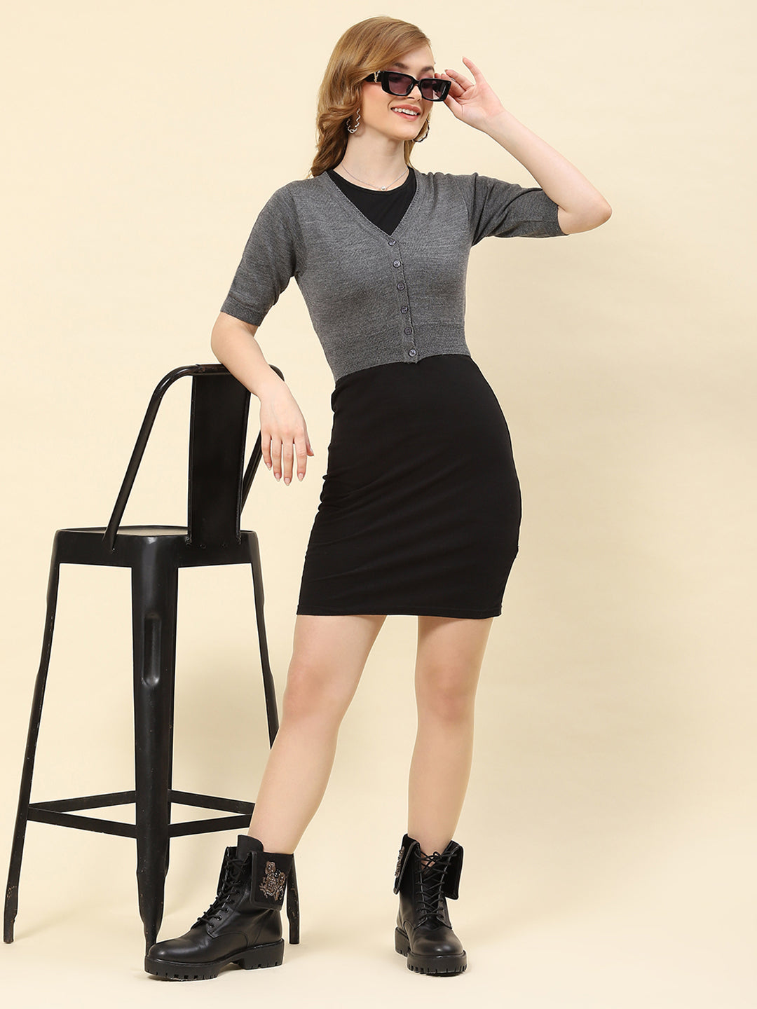 Women Grey Solid V Neck Half Sleeve Blouse