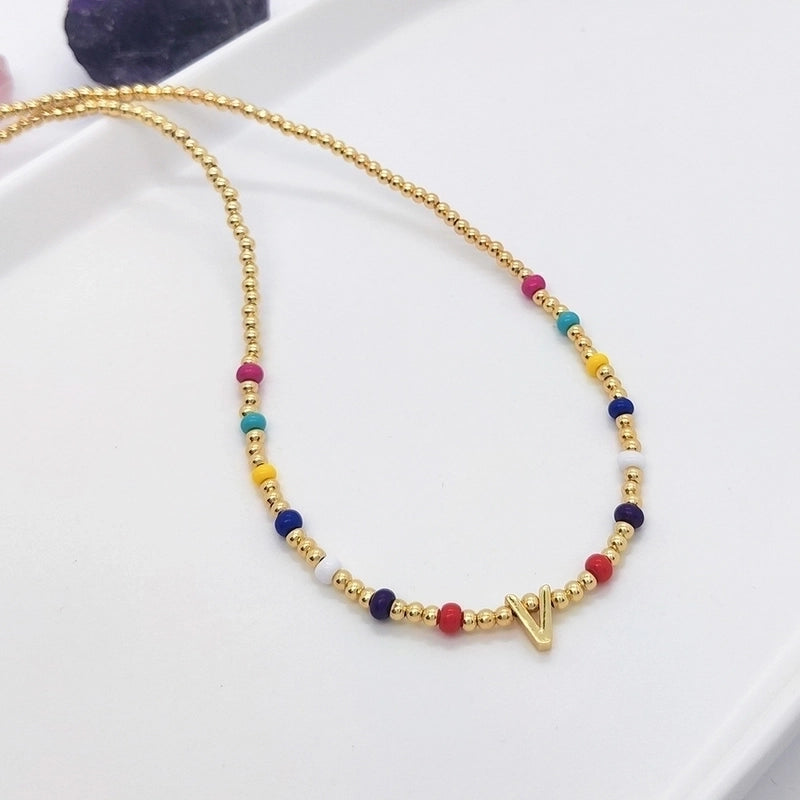 Ig Style Minimalist Letter Glass Copper Beaded Knitting Plating 18k Gold Plated Necklace