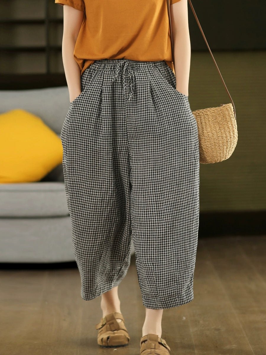 Women Retro Plaid 100%Linen Harem Pants