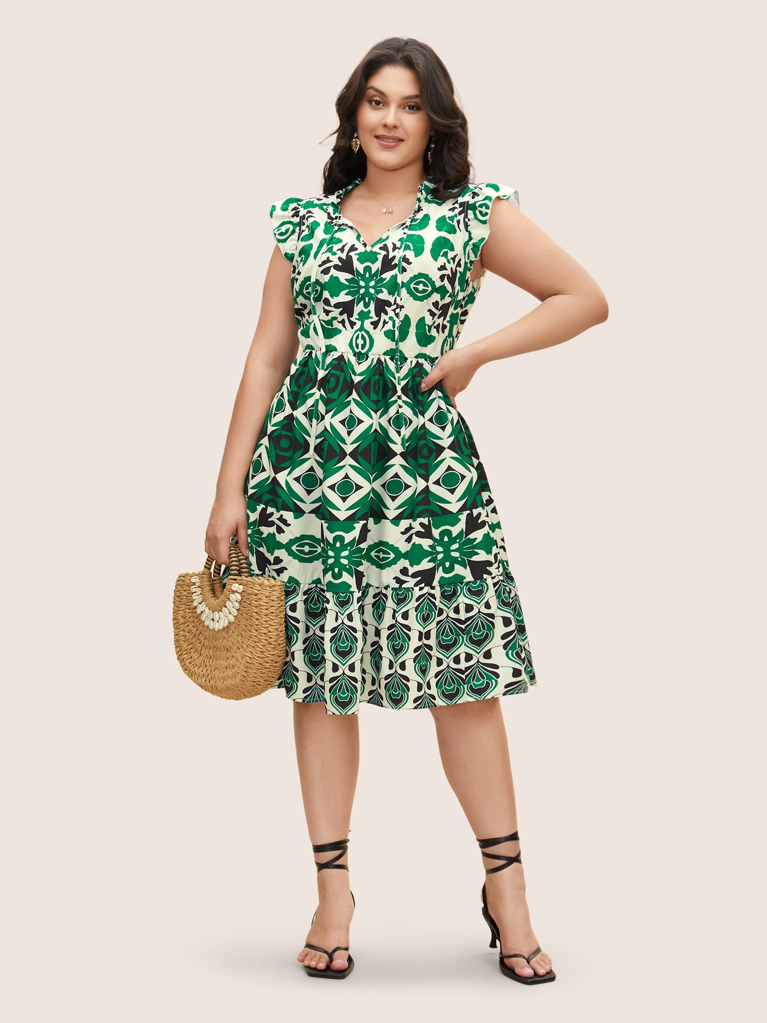 Boho Print Tie Knot Ruffle Cap Sleeve Dress