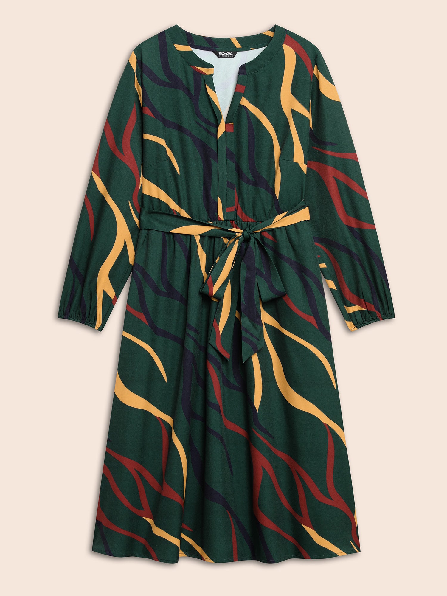 Notched Geometric Belted Midi Dress