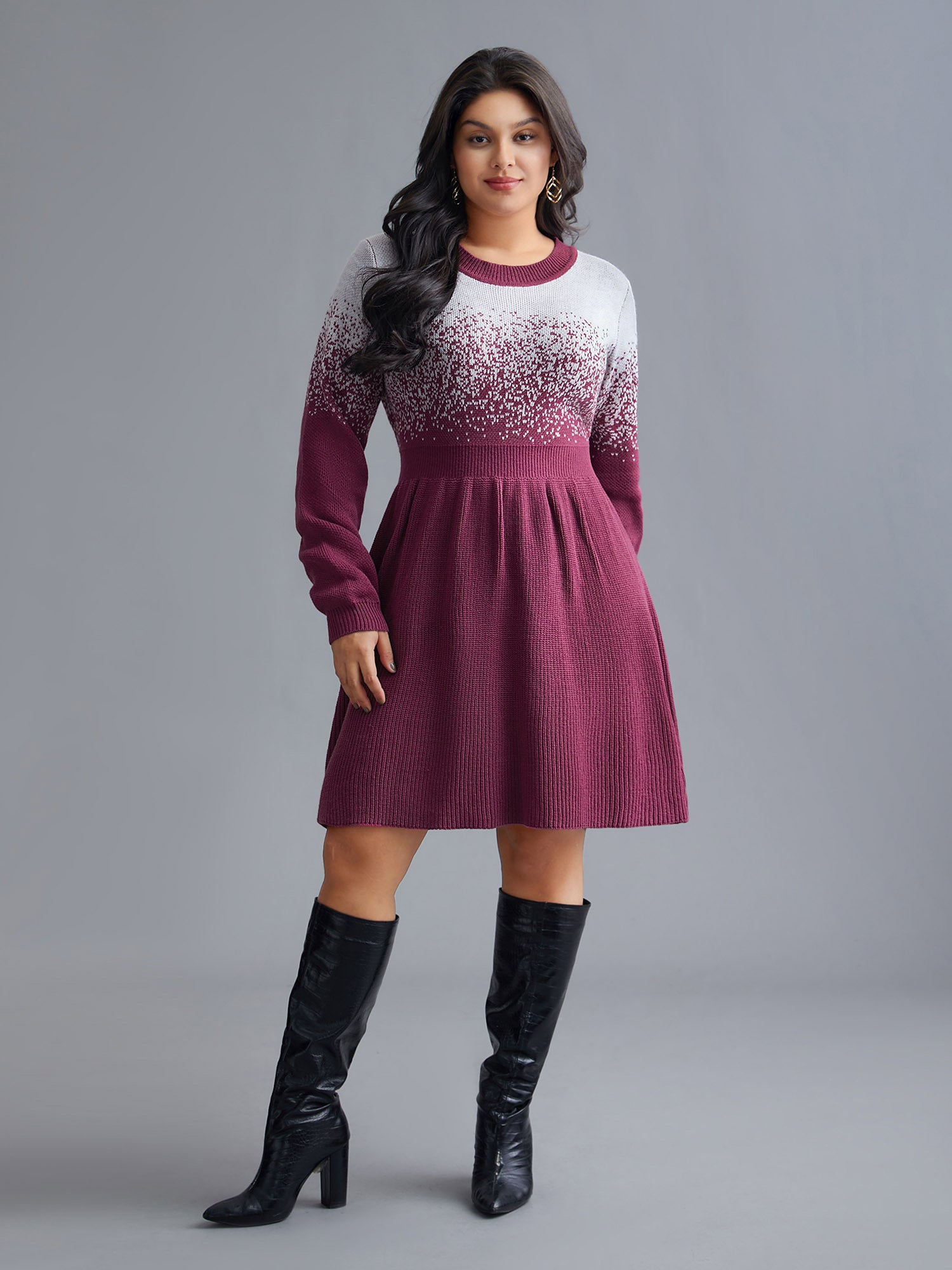 Contrast Textured Elastic Waist Sweater Dress