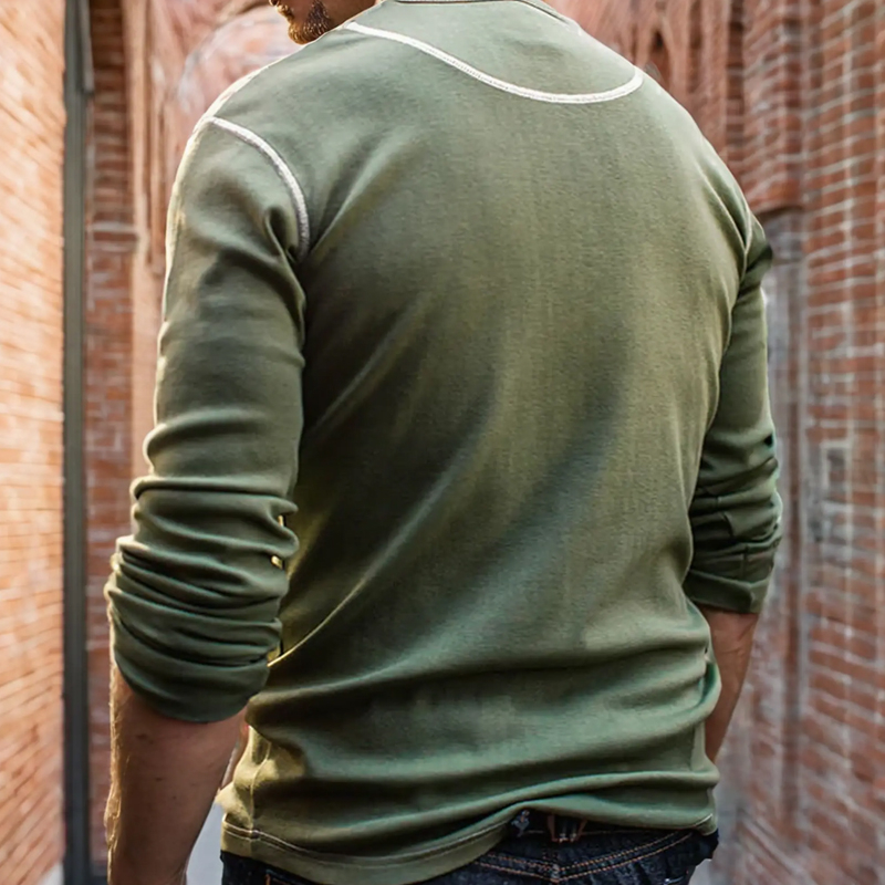 Classic American Cotton Long Sleeve Henley Collar Casual T-shirt