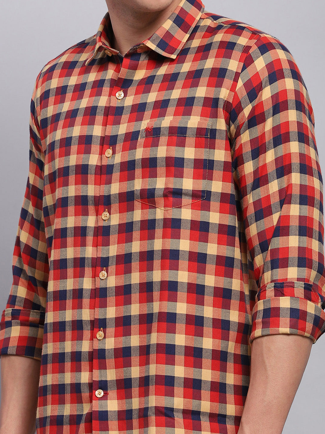 Men Red Check Collar Full Sleeve Shirt