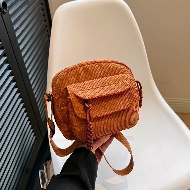 Women's Corduroy Solid Color Classic Style Square Zipper Shoulder Bag