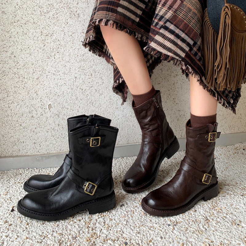 35mm Block Heel Boots Classic Women's Leather Chelsea Boots Double Buckles Detail in Black/Brown