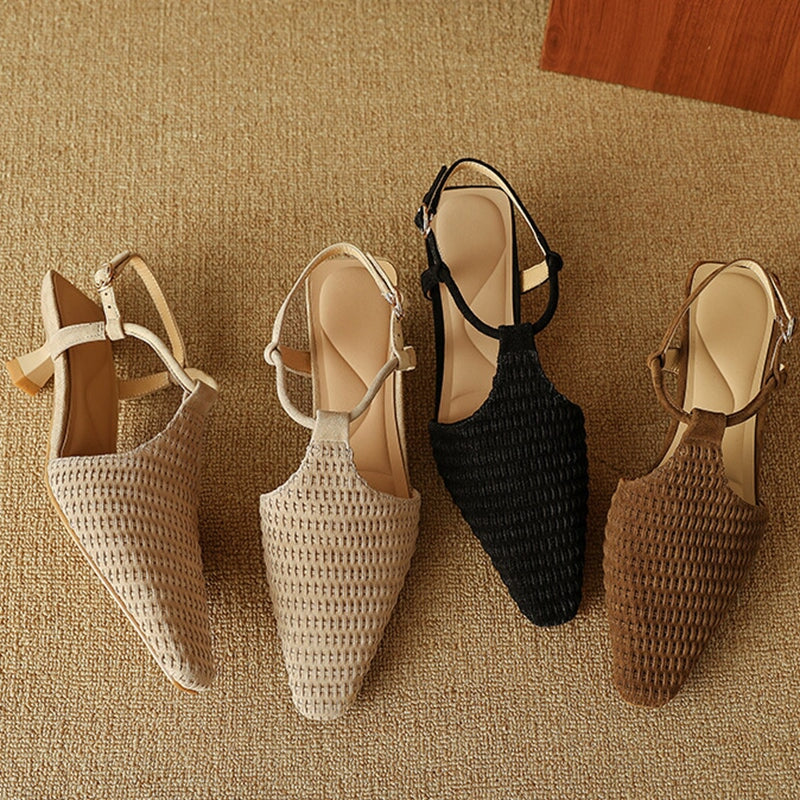 Almond Toe Woven Sheepskin Slingback Kitty Heel Sandals Ankle Strap in Black/Apricot/Brown