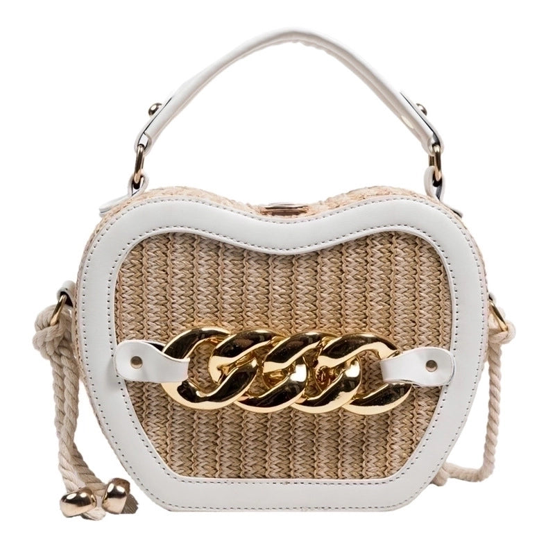 Women's Small Straw Color Block Streetwear Chain Lock Clasp Crossbody Bag