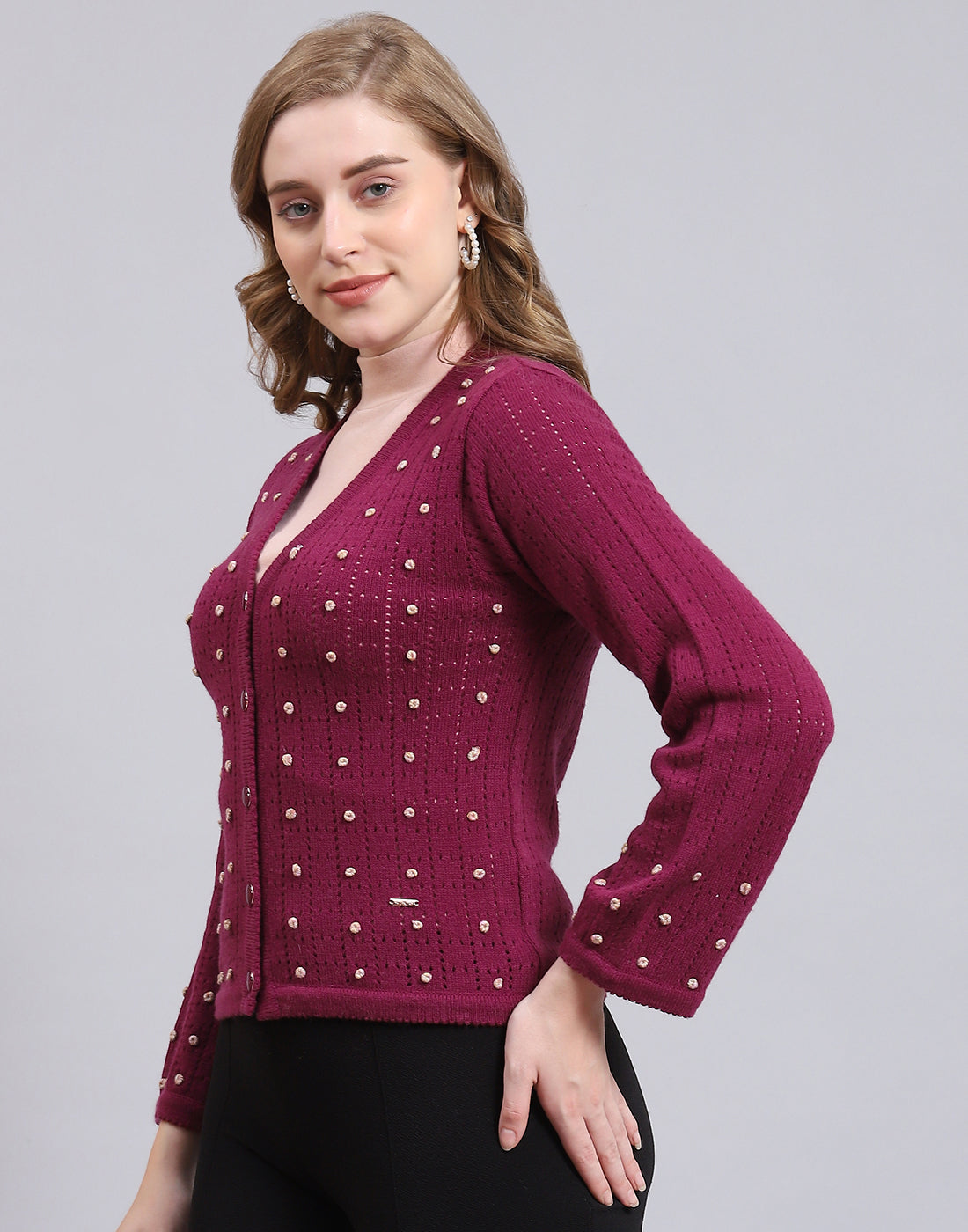 Women Purple Self Design V Neck Full Sleeve Cardigan