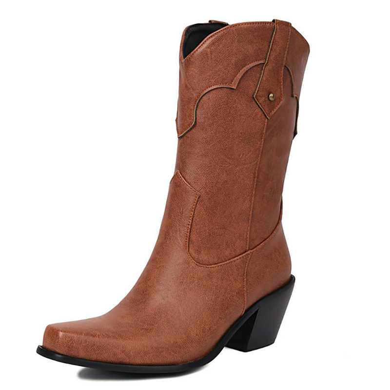 Retro Stitching V Groove Chunky Heels Western Boots