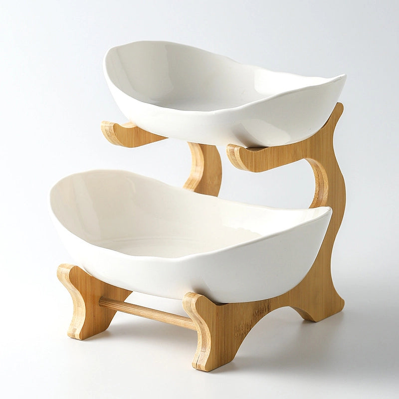 Creative Double-layer Multi-layer Fruit Plate European-style Ceramic Dried Fruit Plate Bamboo Rack Household Sushi Plate Direct Fruit Basket