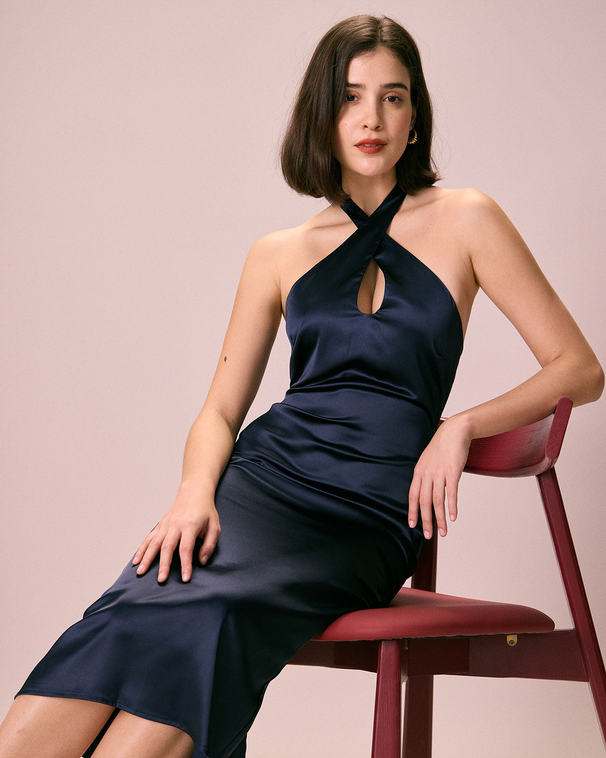 The Navy Cut-Out Satin Halter Midi Dress