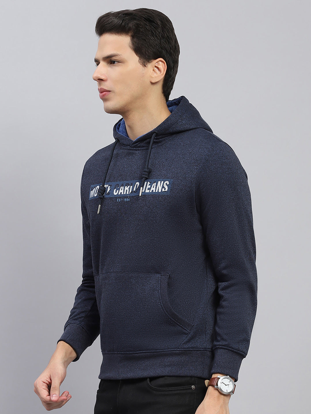 Men Navy Blue Printed Hooded Full Sleeve Sweatshirt