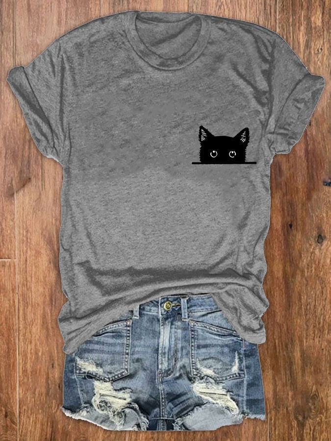 Women's Black Cat Print T-Shirt