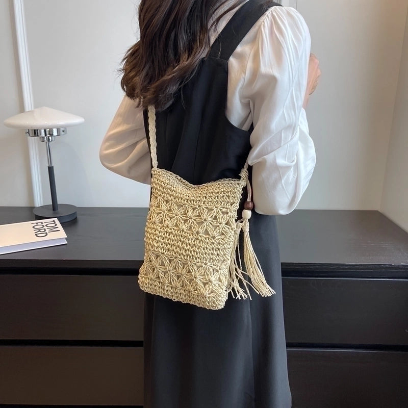 Women's Straw Solid Color Vacation Weave Square Zipper Shoulder Bag Beach Bag