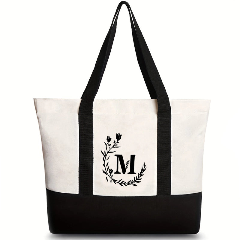 Women's Medium Canvas Letter Flower Classic Style Square Zipper Shoulder Bag