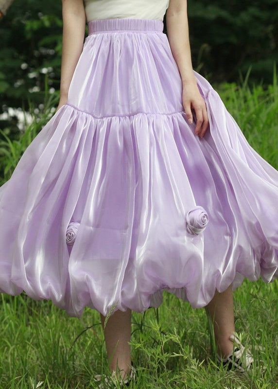 Floral Purple Solid Elastic Waist Silk Skirts Summer