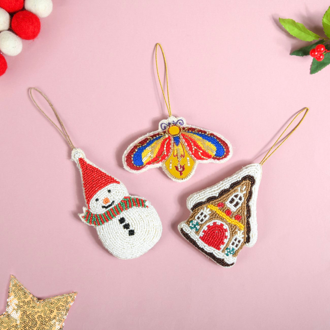 Christmas Hanging Ornament Set of 3 Multicolour
