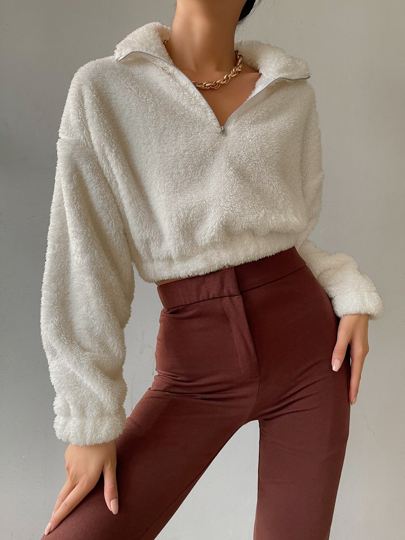 Half Zip Drop Shoulder Teddy Sweatshirt