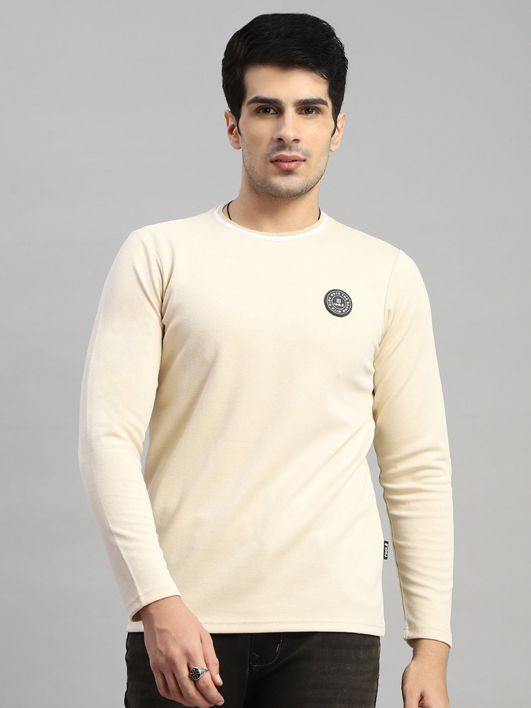 Men Cream Solid Round Neck Full Sleeve T-Shirt