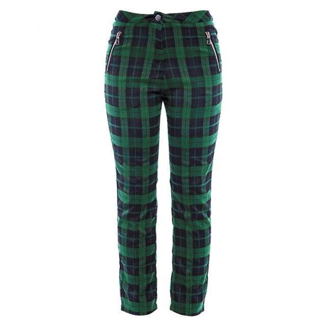 Green Plaid Trousers With Zipper Pockets