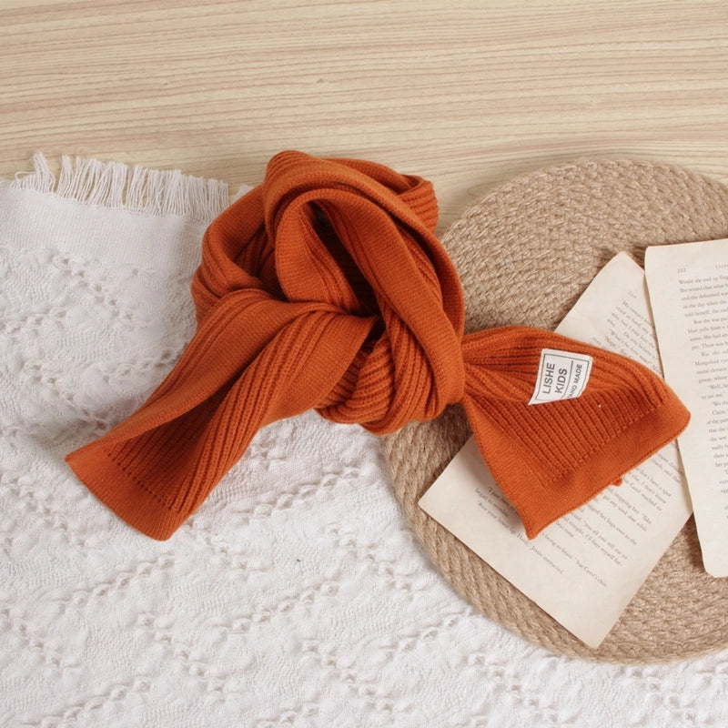 Style Solid Color Vertical Strip Large Label Children's Knitted Scarf Winter New Baby Warm Wool Scarf