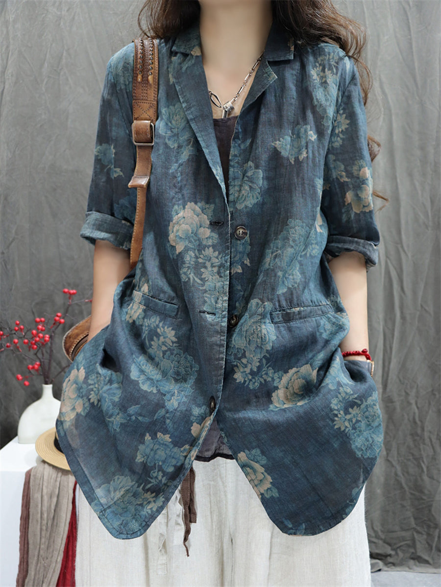 Plus Size Women Summer Vintage Flower Lapel 100%Ramie Shirt