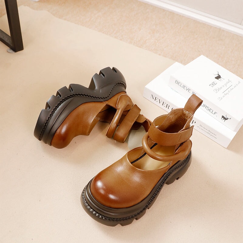 52mm Chunky Platform Cow Leather Sandals with Double Velcro Straps in Black/Brown