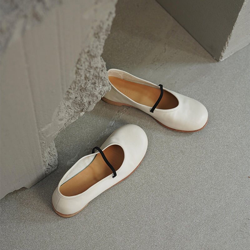 Horse Leather Mary Jane Shoes For Women Flat Ballet Flats Leather Sole in Black/Red/White