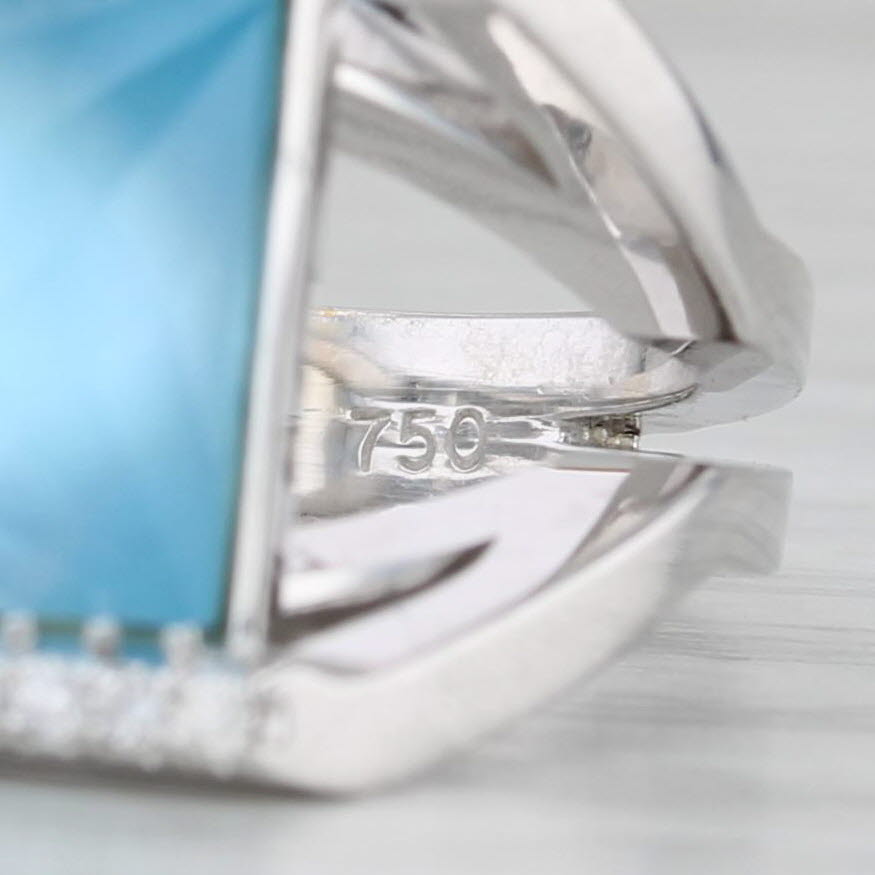 Blue Topaz Mother of Pearl Diamond Ring 18k White Gold Size 6.5