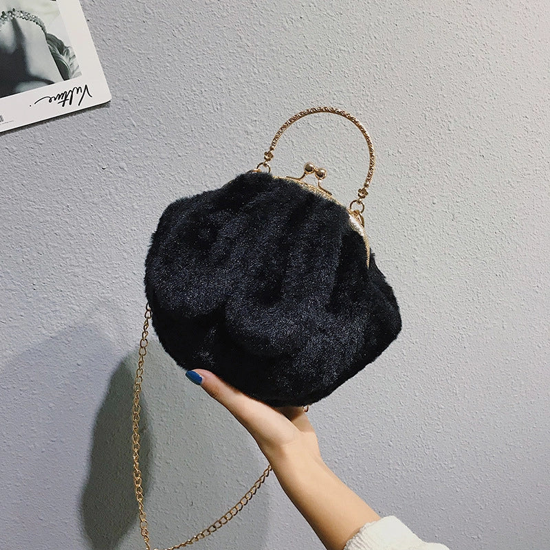 Women's Plush Rabbit Solid Color Cute Round Lock Clasp Handbag Crossbody Bag