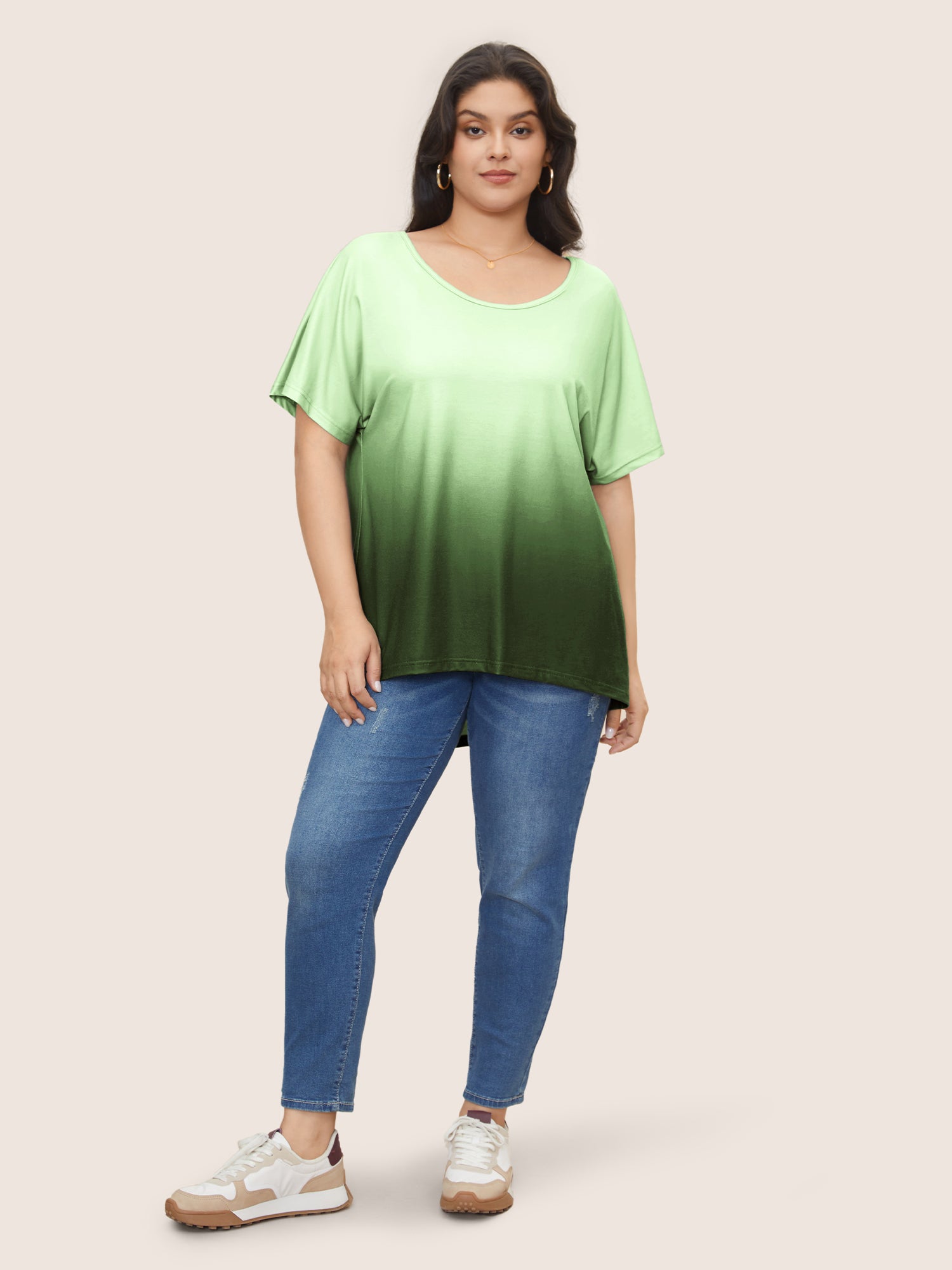 Ombre Round Neck Batwing Sleeve T-shirt