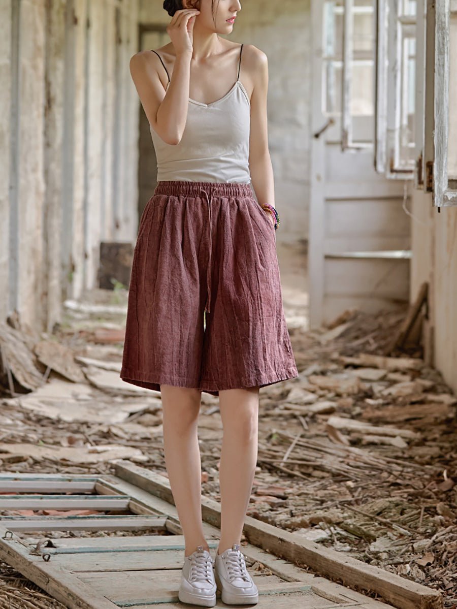 Women Summer Retro Pure Color Ramie Fifth Pants