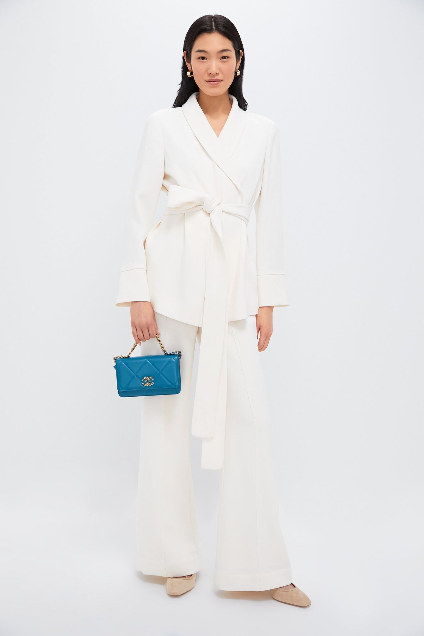 Pearl White Crepe Talia Wrap Blazer