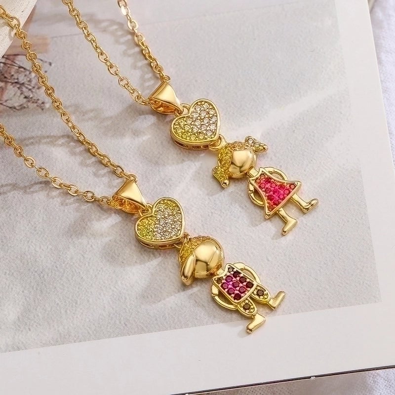 Minimalist Commute Human Heart Shape Copper Plating Inlay Zircon 18k Gold Plated Pendant Necklace