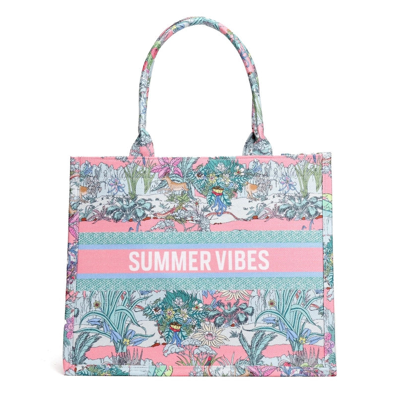 Women's Canvas Animal Letter Flower Elegant Embroidery Square Zipper Tote Bag