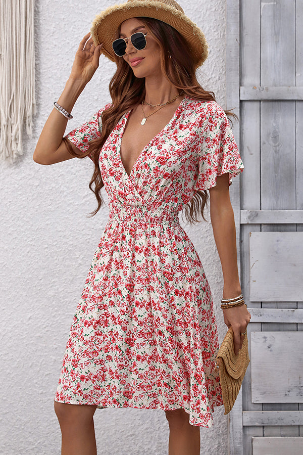 V Neck Floral Print Sleeveless Mini Dress