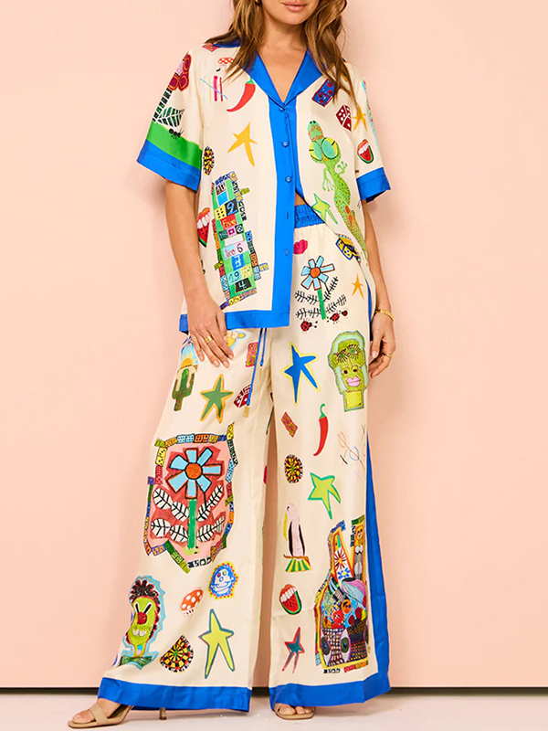 High Waisted Loose Asymmetric Printed Split-Joint Pants Trousers