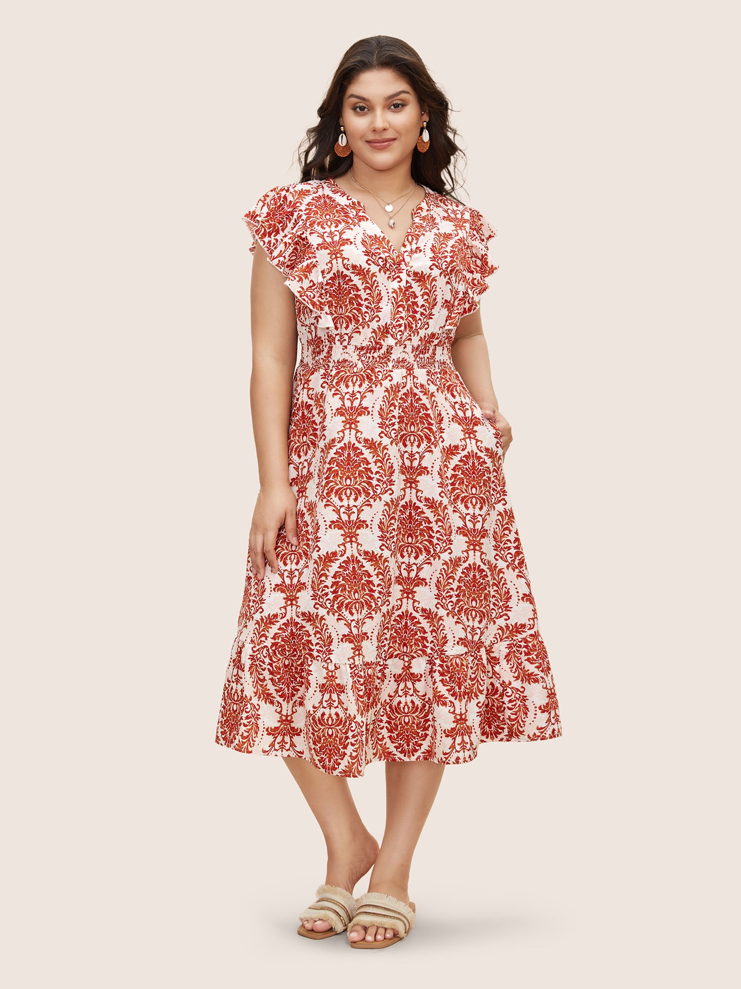 Boho Print Shirred Ruffle Cap Sleeve Dress