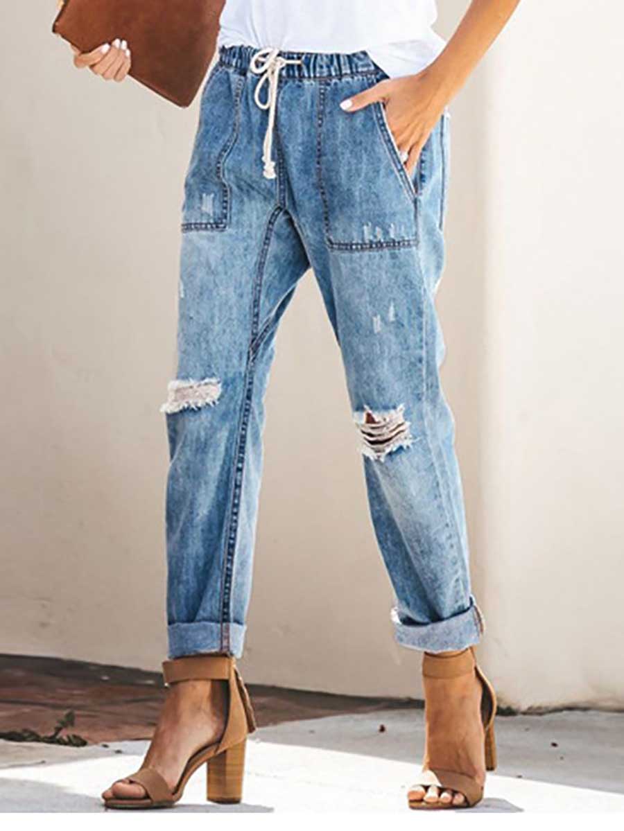 Drawstring elastic waist ripped denim pants casual pants