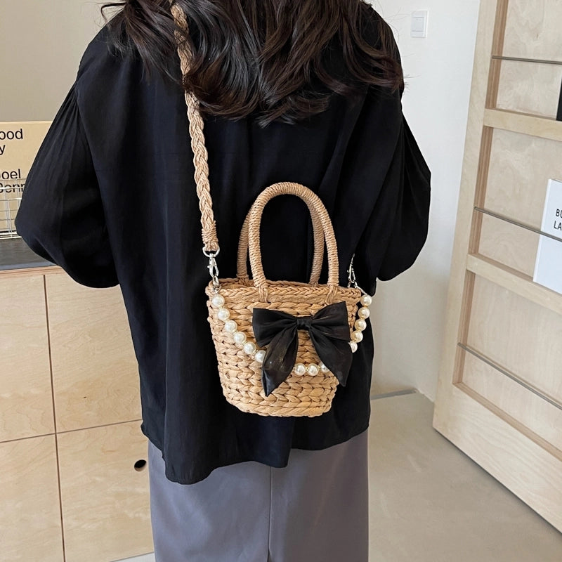 Women's Straw Solid Color Bow Knot Beach Weave Sewing Thread String Handbag Crossbody Bag Bucket Bag