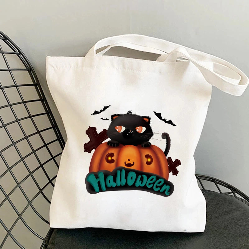 Halloween Unisex Canvas Animal Pumpkin Letter Streetwear Square Open Shoulder Bag Canvas Bag