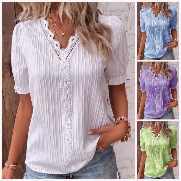 💥2025 New Arrival Pre-Sale✨V Neck Plain Lace Elegant Shirt